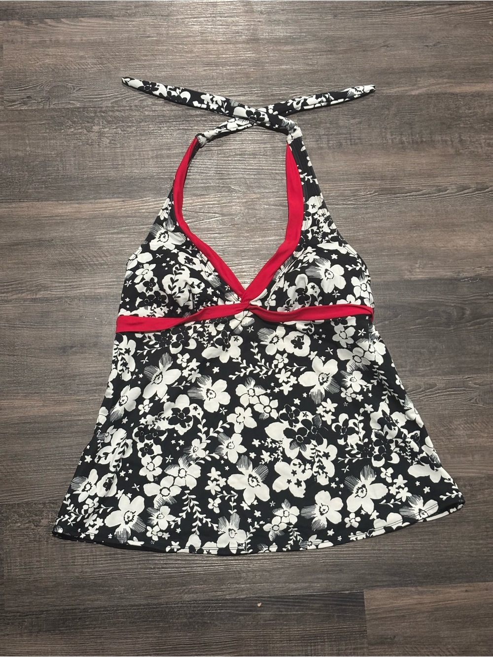Liz Lange Black & White Floral Halter One-Piece with Red Trim